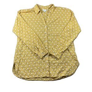 J Jill Women Button Up Shirt Embroidered Polka Dot Yellow White Large Tall L198